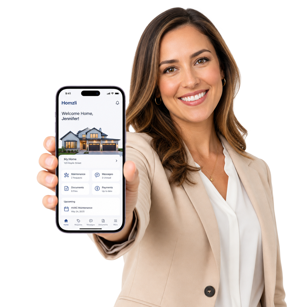 Smiling real estate agent holding the Homzli app on her phone
